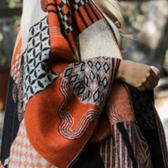 #205 Baroque Style Frayed Edge Knit Ruana Shawl - Picture 3 of 5